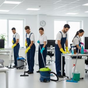 A team of professional cleaners in uniform, cleaning an office