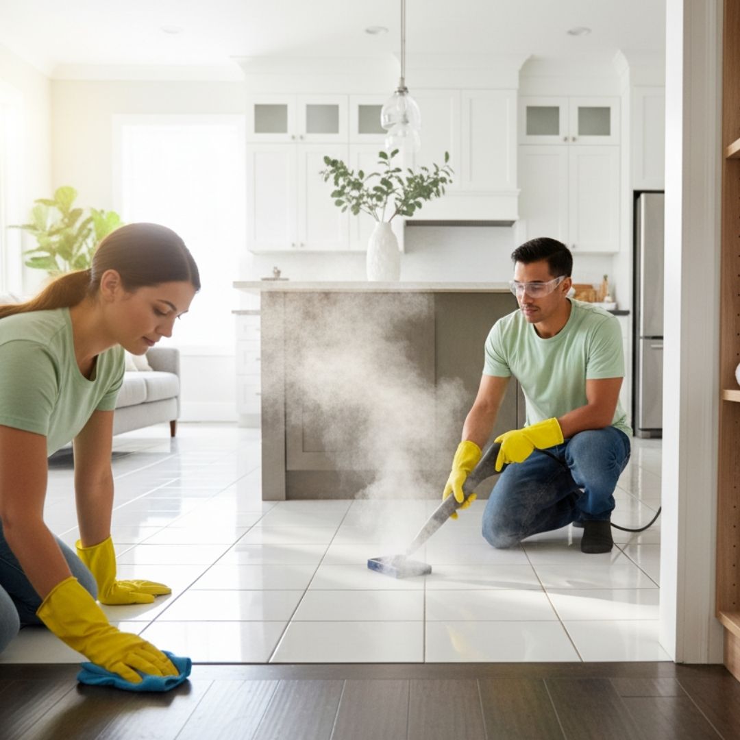 Professional-grade steam cleaner sanitizing kitchen tile grout.