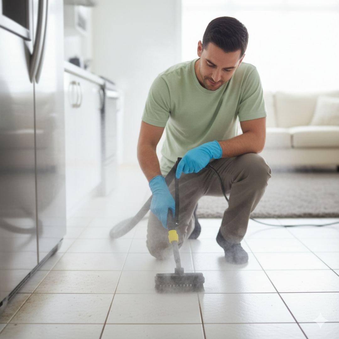 A male cleaner in a light green t-shirt and blue gloves using a steam cleaner on kitchen floor tiles, showcasing advanced cleaning equipment.
