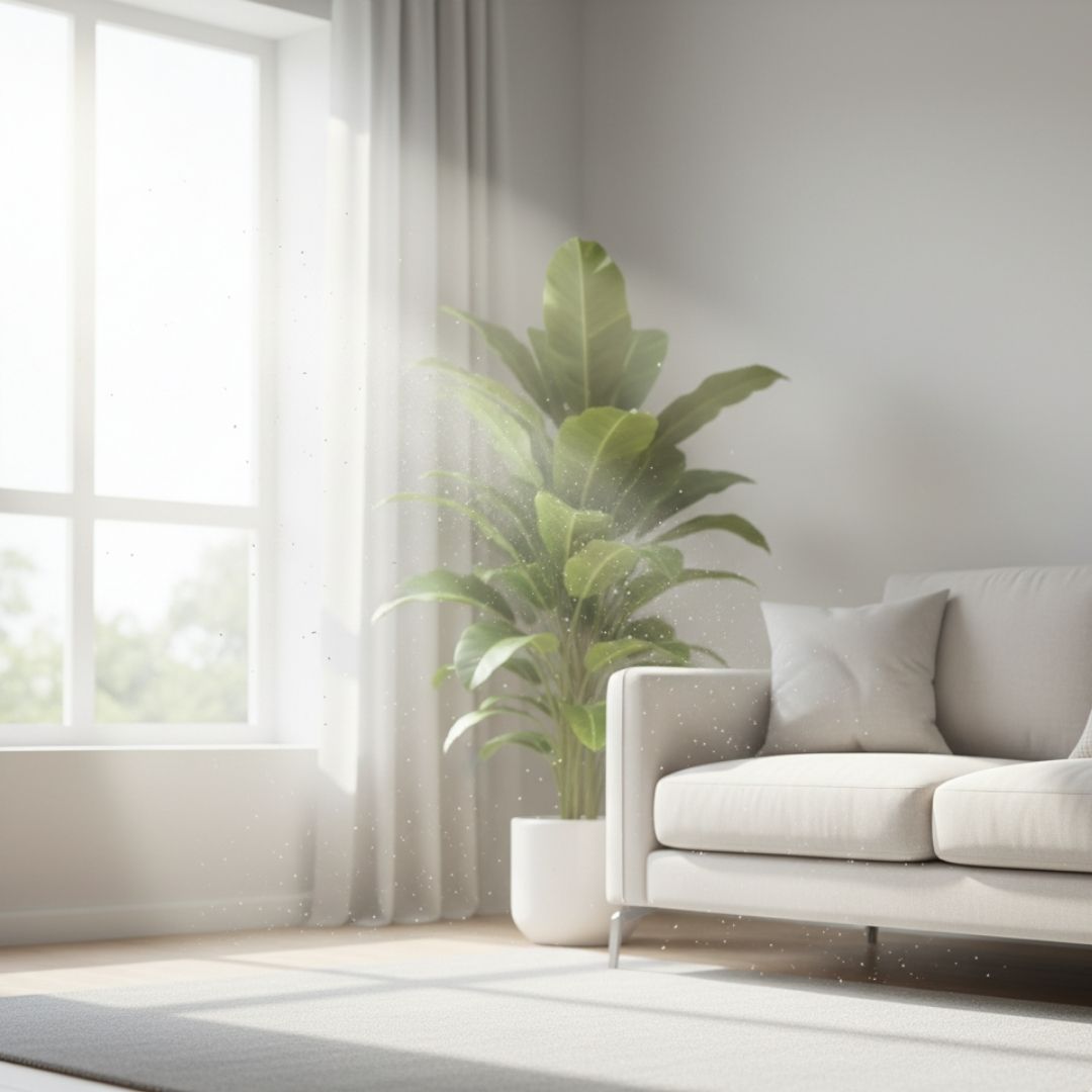 A bright, sunlit living room with minimal visible dust particles floating, symbolizing improved air quality after a deep clean.