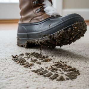 Close-up of winter boot and mud on a carpet illustrating the effects of local climate on flooring.