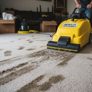 A DIY carpet rental machine on a stained carpet representing the risks of improper cleaning.