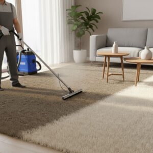 Professional hot water extraction cleaning showing a dramatic difference between dirty and clean carpet.