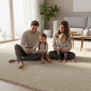 A happy family enjoying a clean carpeted floor in their well-maintained home.